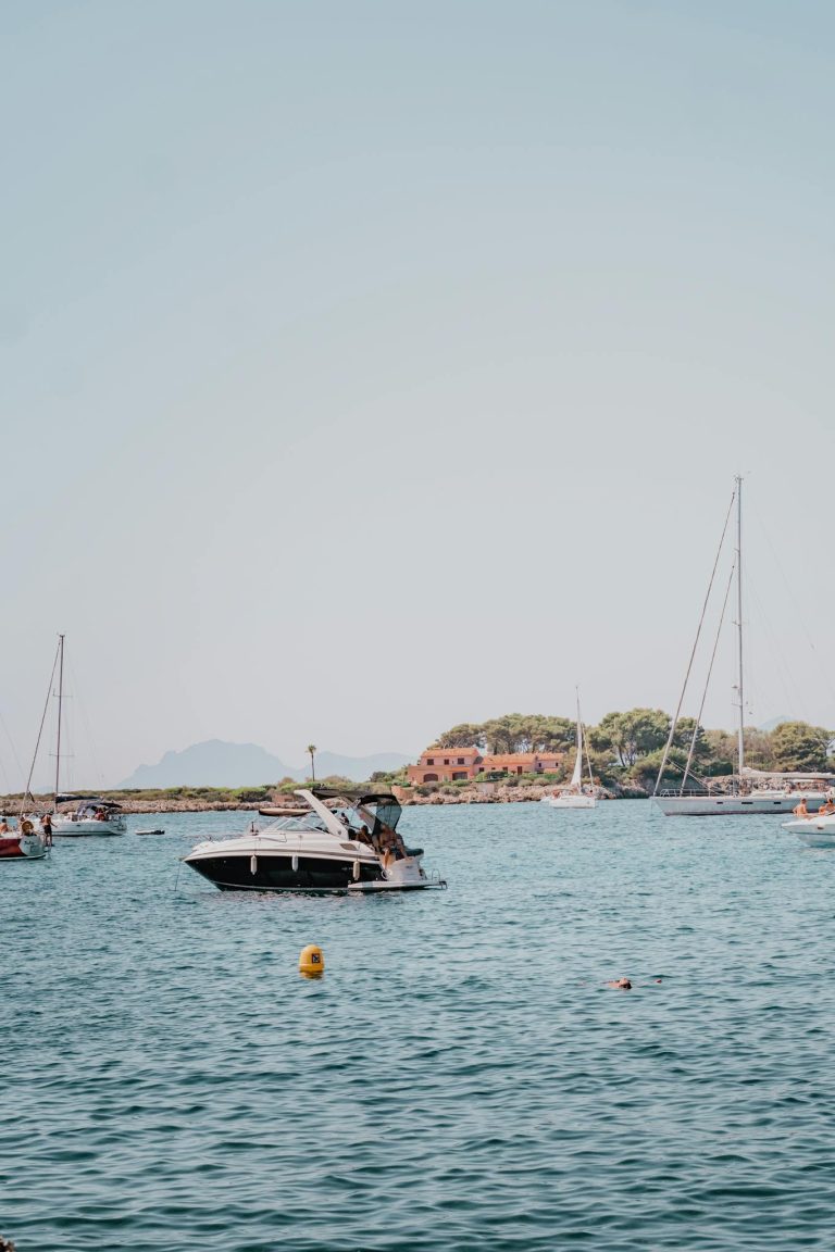 Sailboats and motor yacht anchored in the serene Cannes bay, capturing a perfect summer day.