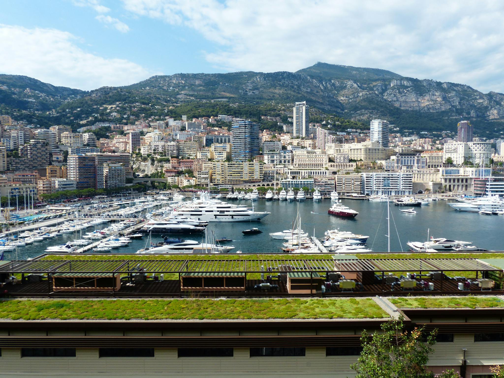 Scenic view of Monaco's harbor with luxury yachts and city skyline under a clear sky.